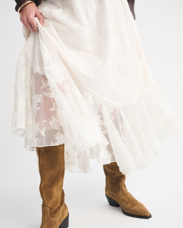 High Rise Embroidered Mesh Flowy Maxi Skirt