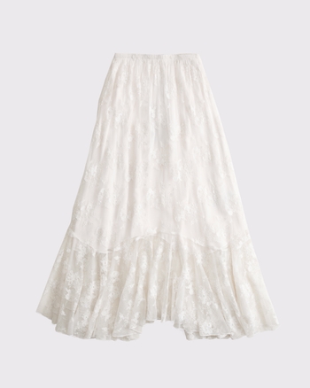 High Rise Embroidered Mesh Flowy Maxi Skirt