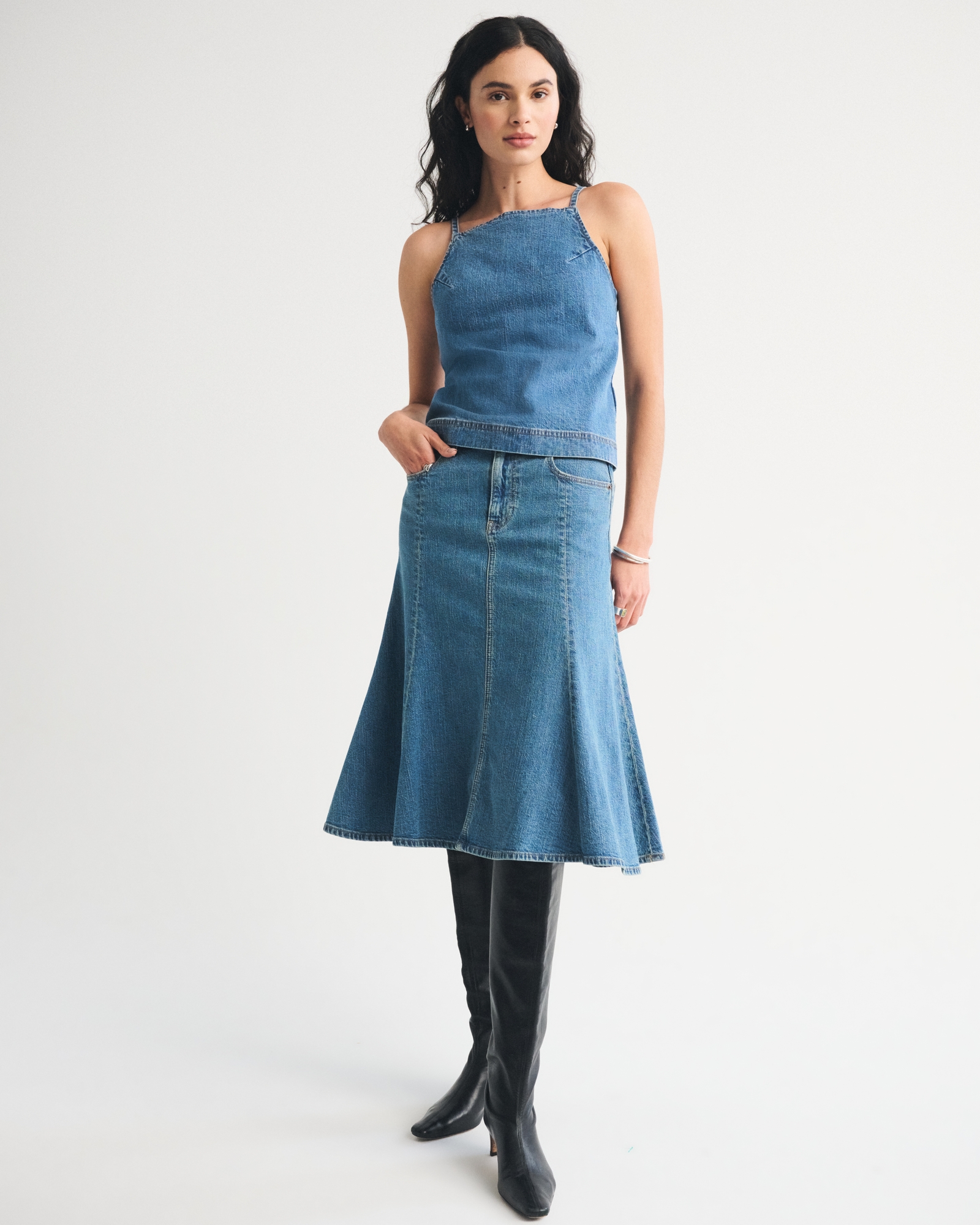 Linen-Blend Denim Midi Skirt