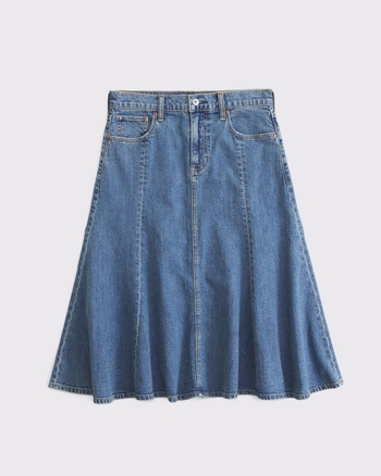 Linen-Blend Denim Midi Skirt