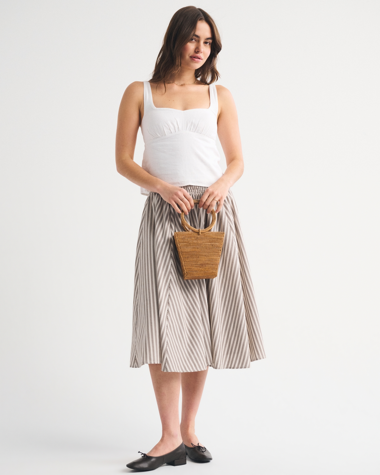 Smocked Drop-Waist Poplin Midi Skirt