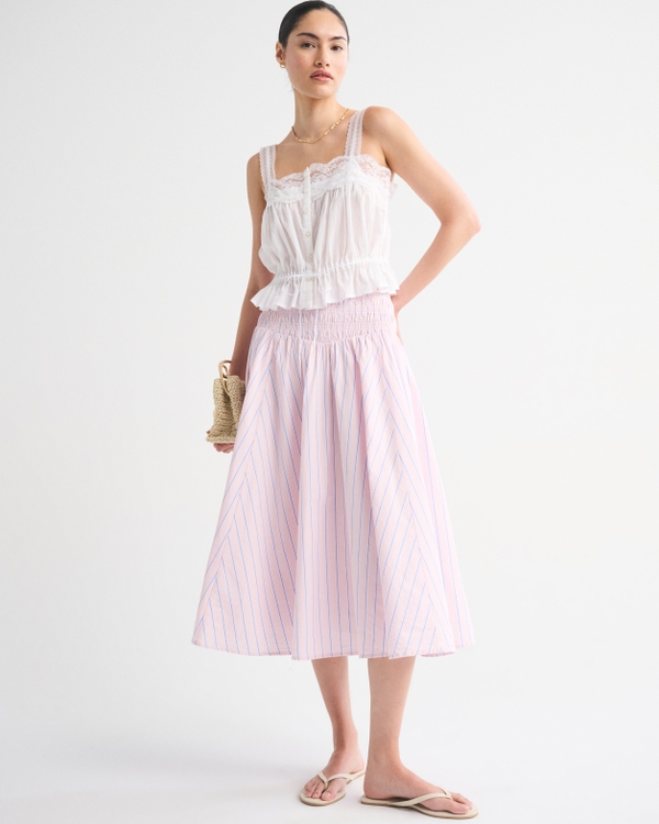Smocked Drop-Waist Poplin Midi Skirt, Light Pink Stripe view 1