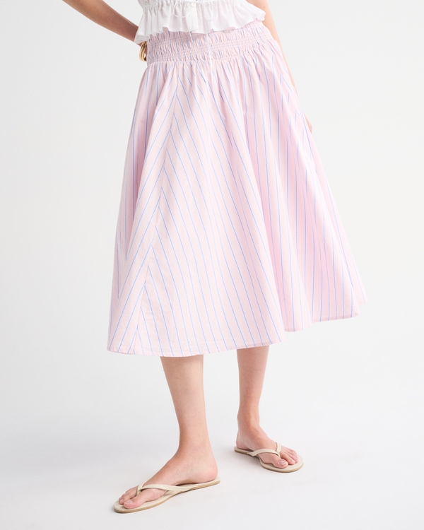 Smocked Drop-Waist Poplin Midi Skirt, Light Pink Stripe view 2