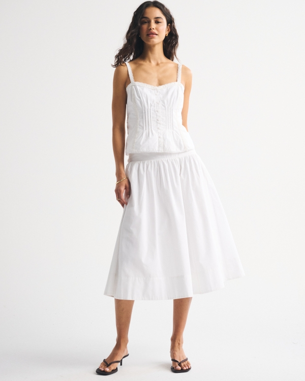 Drop-Waist Side-Button Midi Skirt, White view 1
