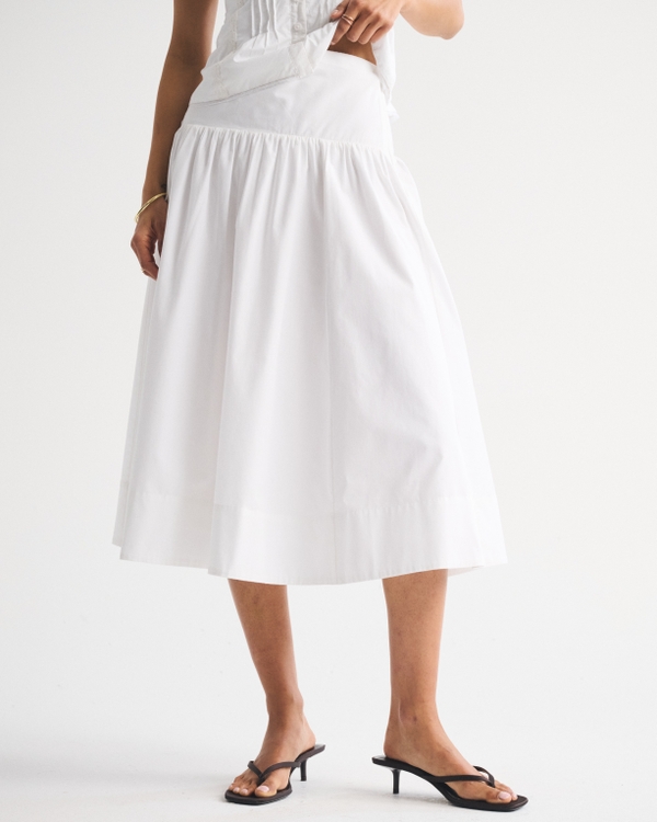 Drop-Waist Side-Button Midi Skirt, White view 2