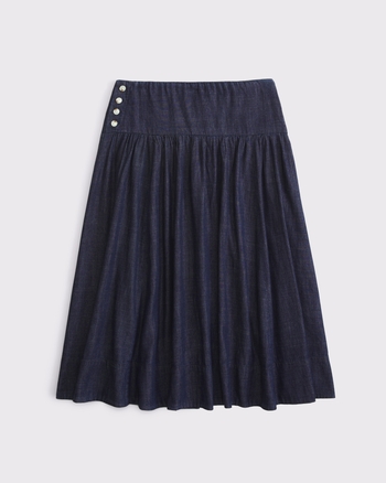Drop-Waist Side-Button Midi Skirt