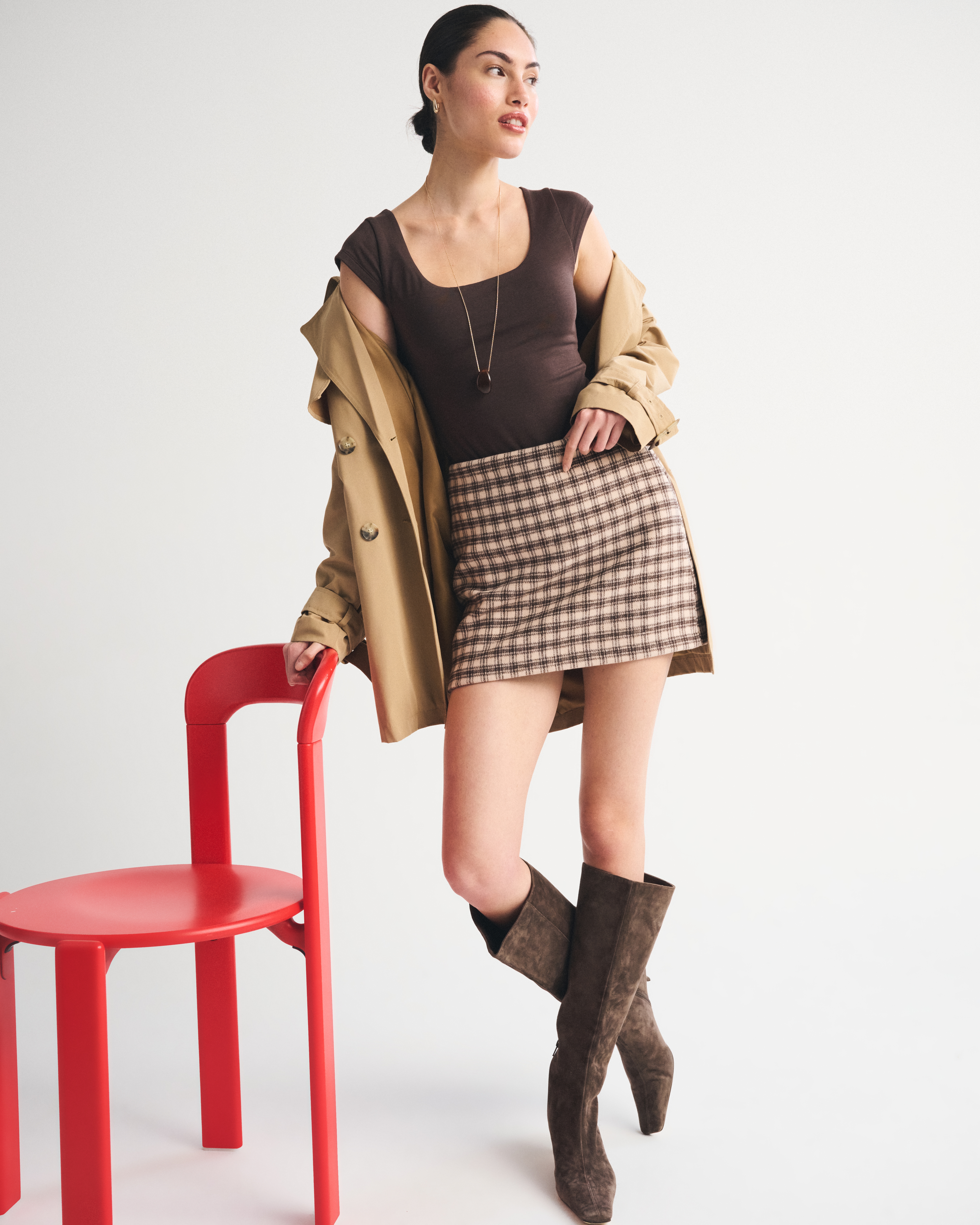 Женская юбка-шорты Abercrombie & Fitch The A&F Scarlett Wool-Blend Mini Skort, цвет: Коричневый клетчатый — фото 3