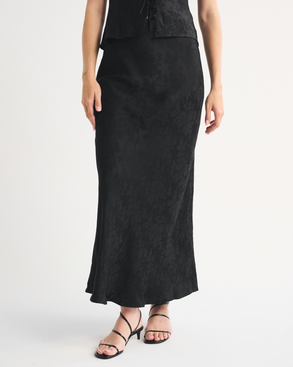 Satin Jacquard Pull-On Maxi Skirt, Black Jacquard view 2