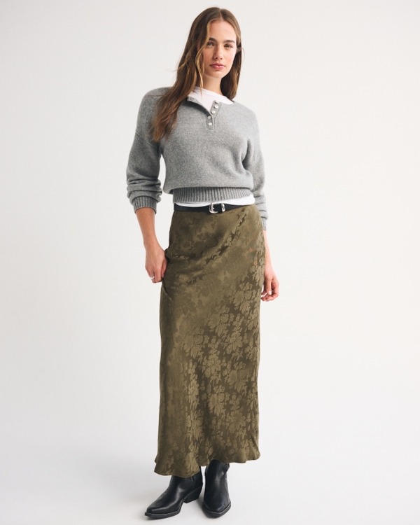Satin Jacquard Pull-On Maxi Skirt, Olive Floral Jacquard view 1