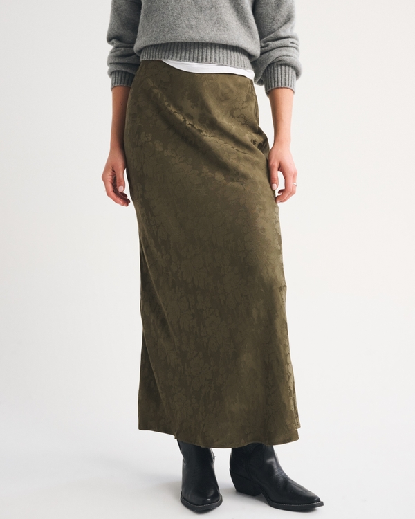 Satin Jacquard Pull-On Maxi Skirt, Olive Floral Jacquard view 2