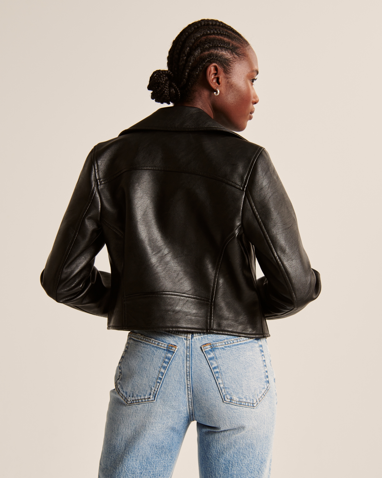 Women's Black Leather Biker Jacket, Navy and White Polka Dot
