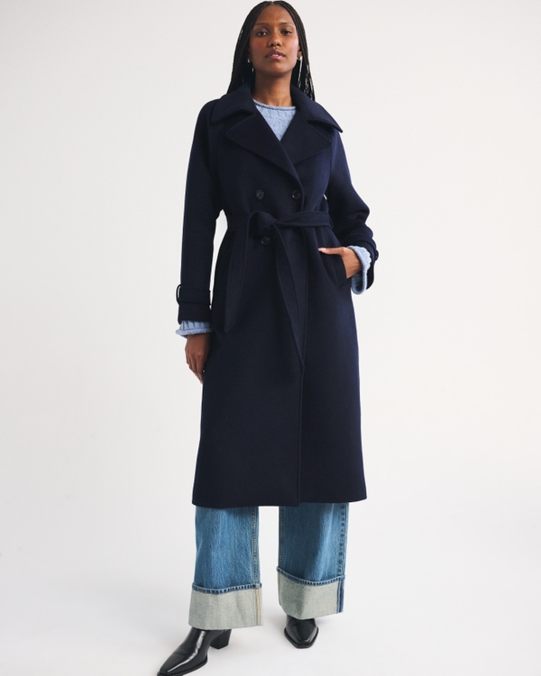 A&F Carrie Wool-Blend Trench Coat, Dark Indigo view 1