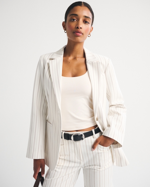Nipped-Waist Suiting Blazer, Cream Stripe view 1