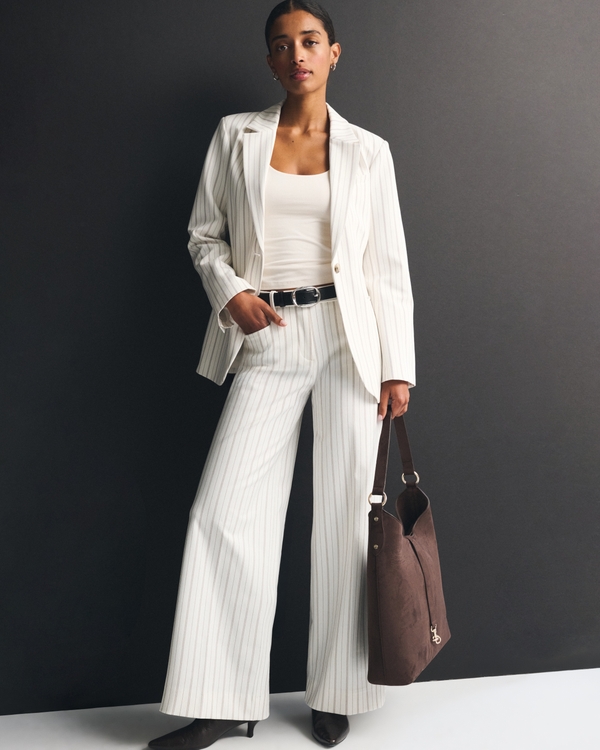 Nipped-Waist Suiting Blazer, Cream Stripe view 2