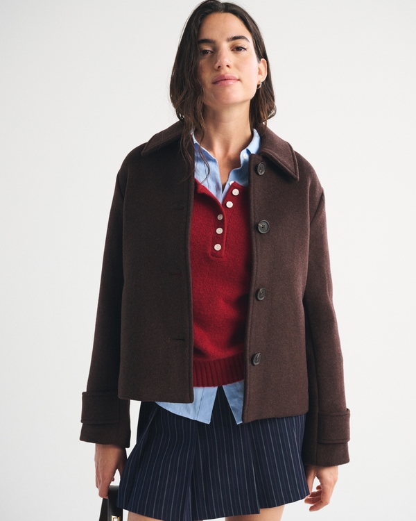 Short Wool-Blend Coat, Dark Coffee view 1