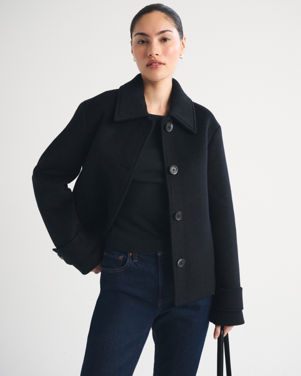 Short Wool-Blend Coat, Black view 1
