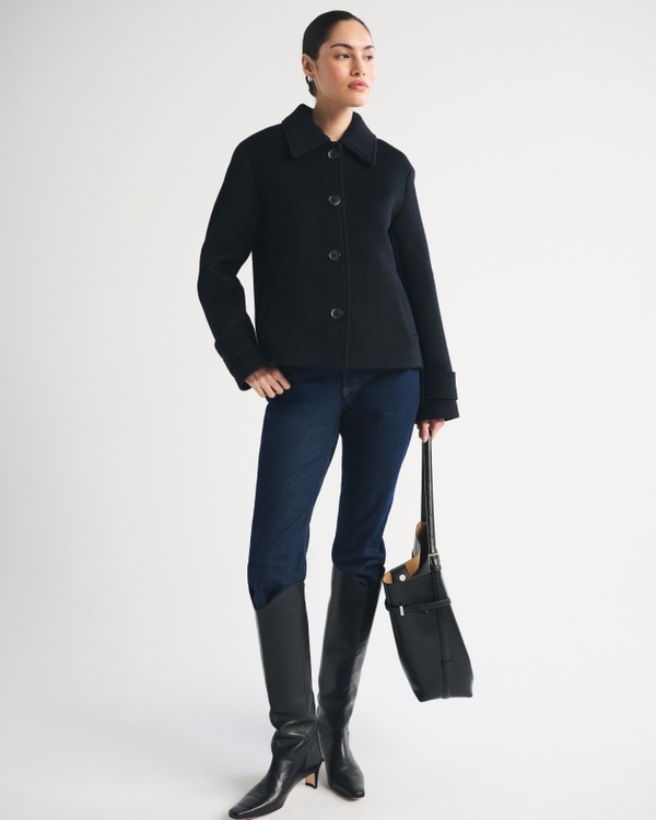 Short Wool-Blend Coat, Black view 2