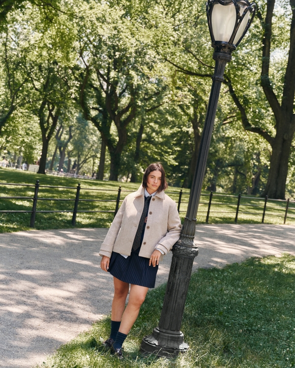 Short Wool-Blend Coat, Light Brown view 1