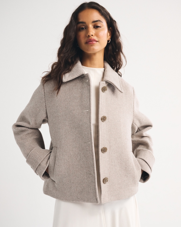 Short Wool-Blend Coat, Light Brown view 1