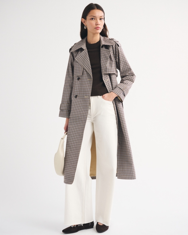 A&F Carrie Long Trench Coat, Tan Plaid view 1