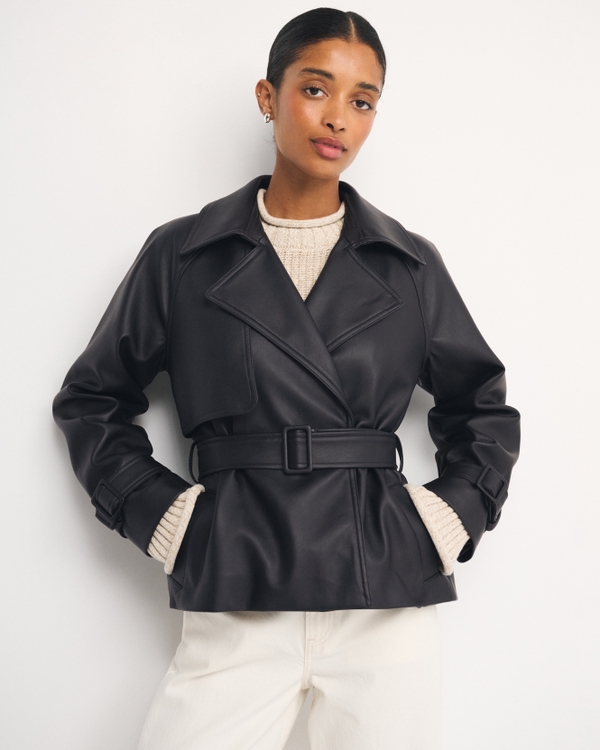 Vegan Leather Short Belted Trench Coat, Black view 1