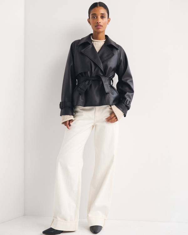 Vegan Leather Short Belted Trench Coat, Black view 2