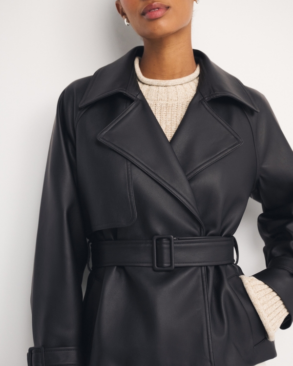 Women's Vegan Leather Short Belted Trench Coat | Women's Coats