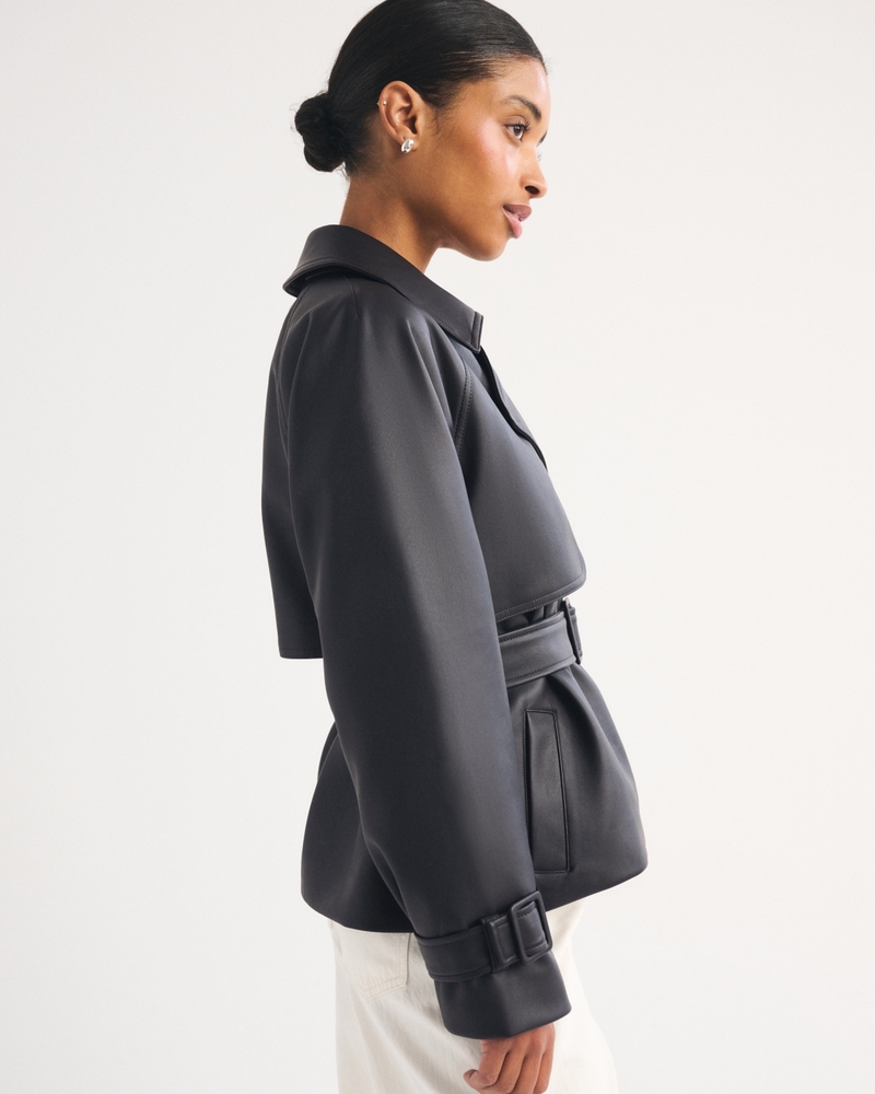 Vegan Leather Short Belted Trench Coat - thumbnail 4