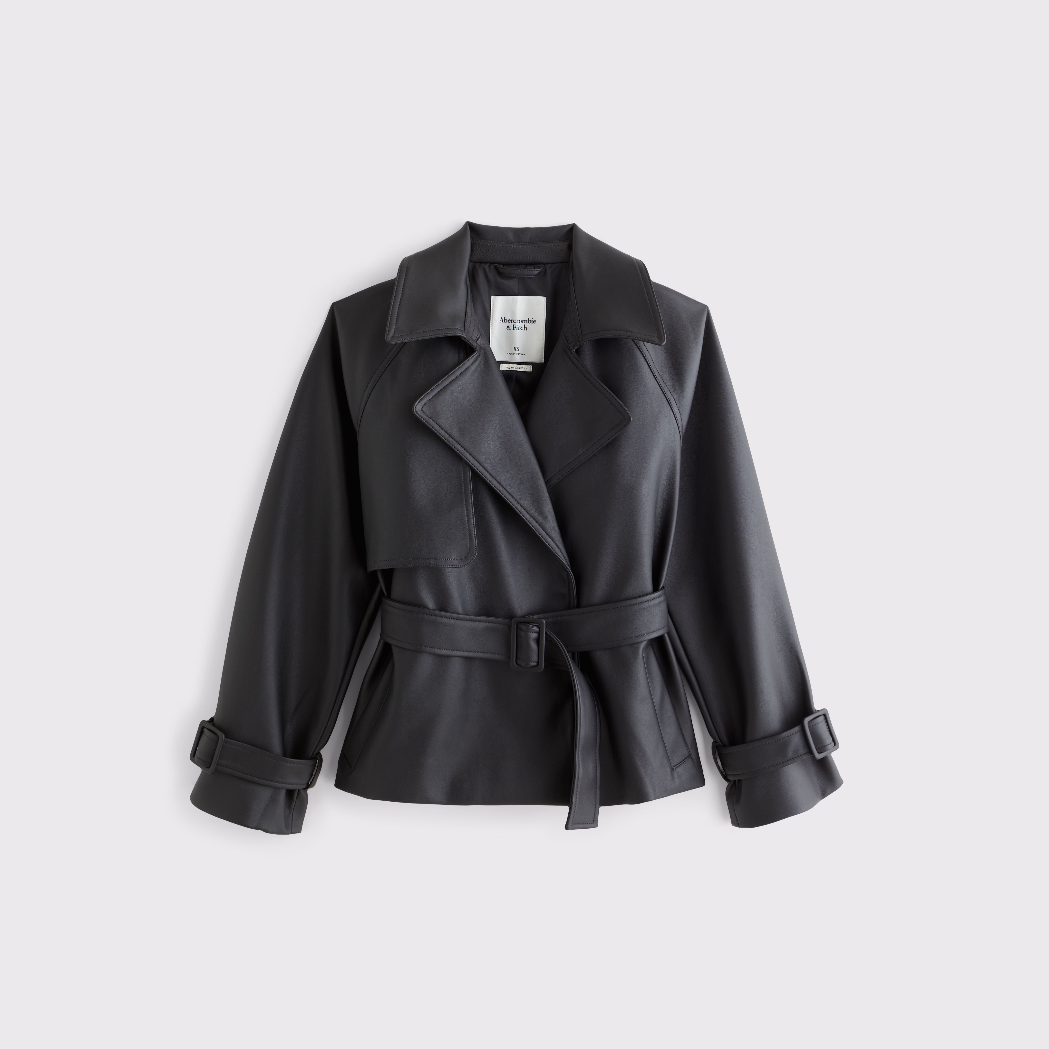 Женское пальто Abercrombie & Fitch Short Belted Vegan Leather Trench, цвет: Чёрный — фото 1