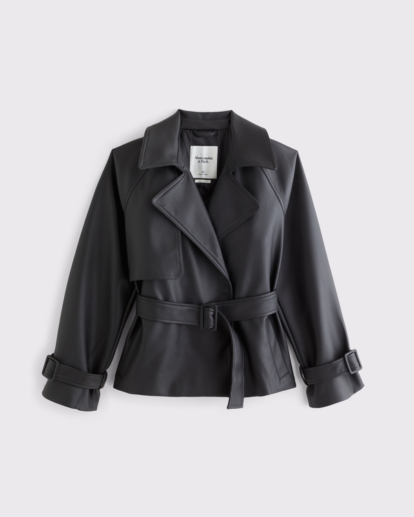 Vegan Leather Short Belted Trench Coat, Black view 1
