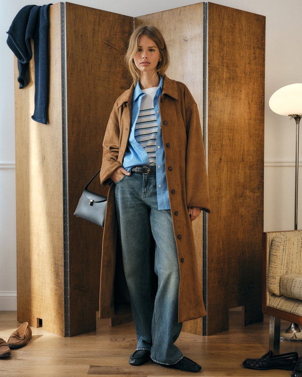 Vegan Suede Long Mac Coat, Brown view 1