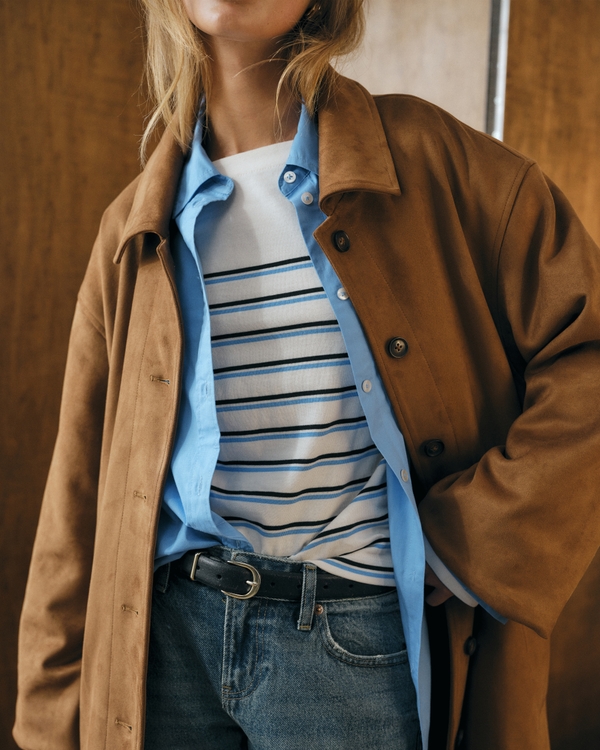 Vegan Suede Long Mac Coat, Brown view 2