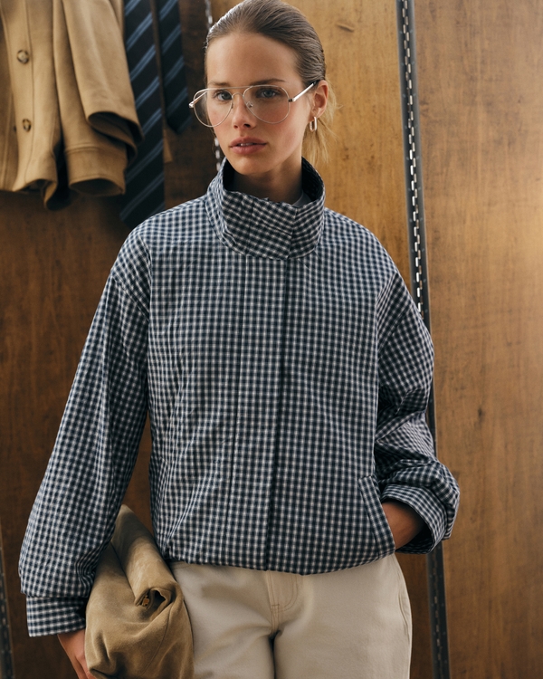 100% Cotton Mock Neck Jacket, Navy Check view 1