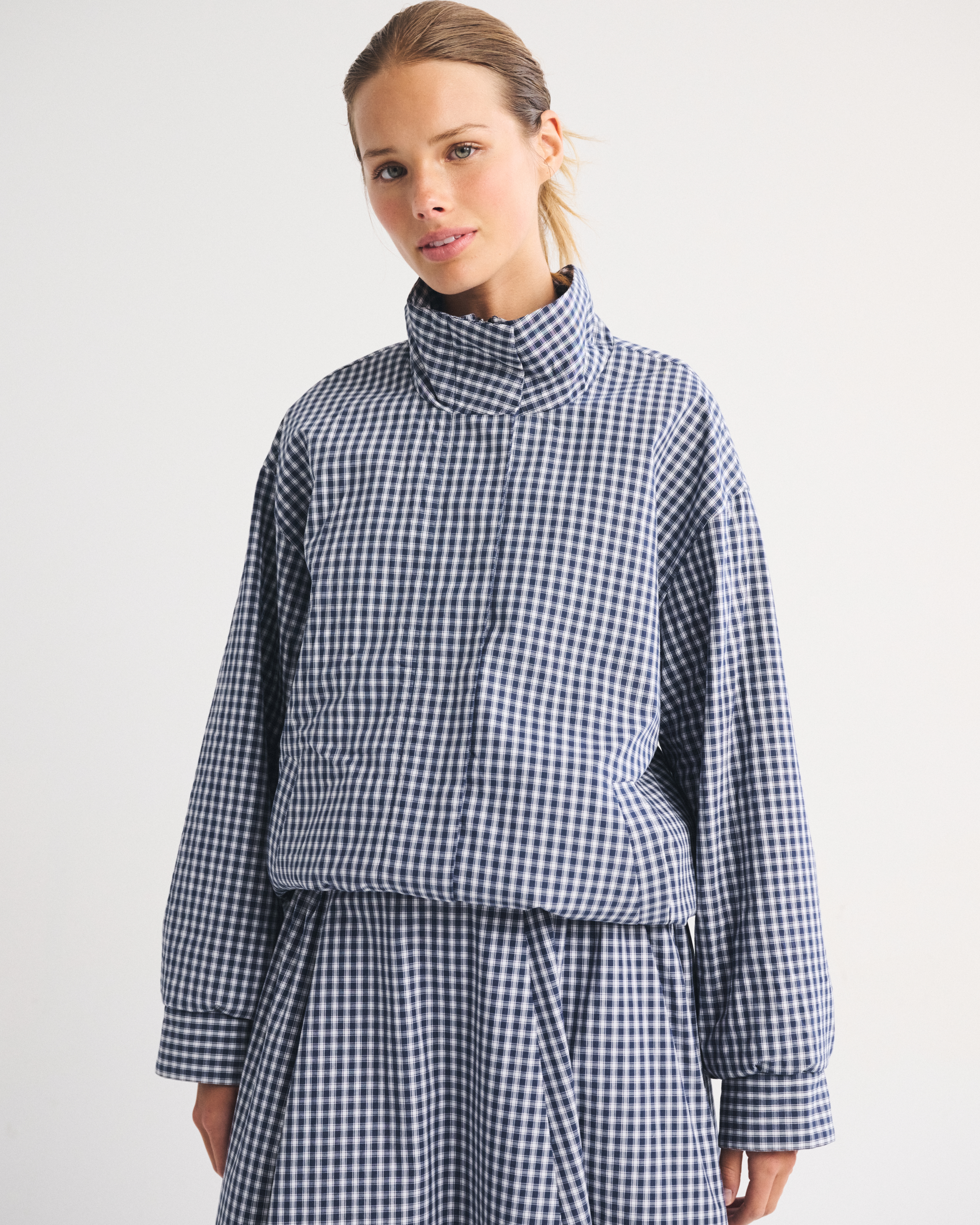 Женская куртка Abercrombie & Fitch 100% Cotton Mock Neck, цвет: Тёмно-синий клетчатый — фото 3