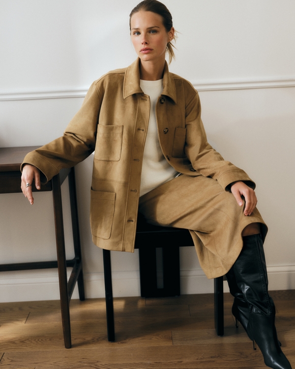 Vegan Suede Shirt Jacket, Fawn view 1
