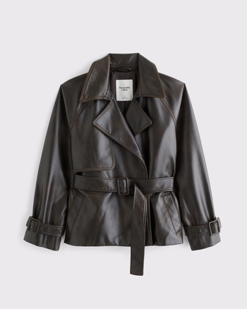 Short Belted Vegan Leather Trench Coat