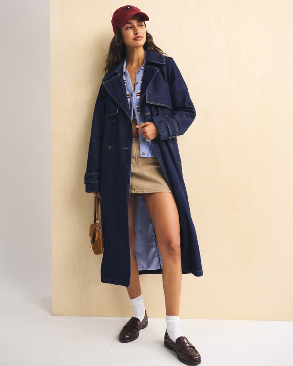 A&F Carrie Long Denim Trench Coat, Dark Wash view 1