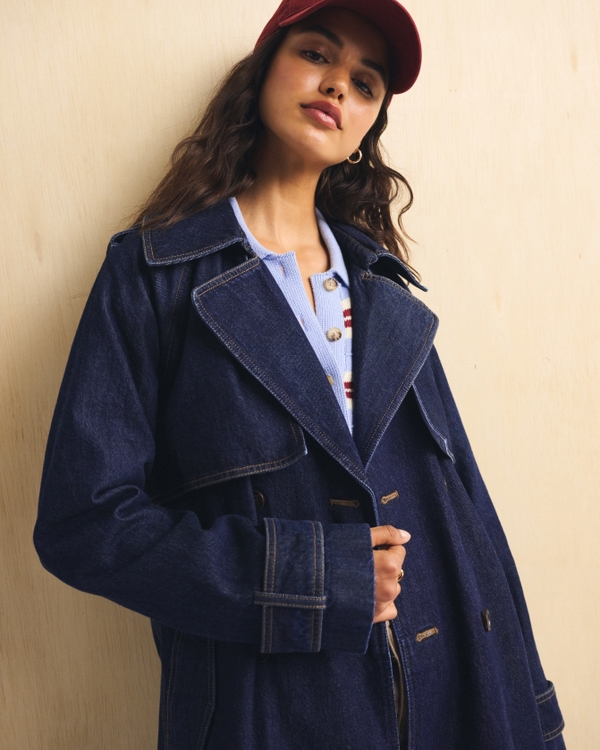 A&F Carrie Long Denim Trench Coat, Dark Wash view 2