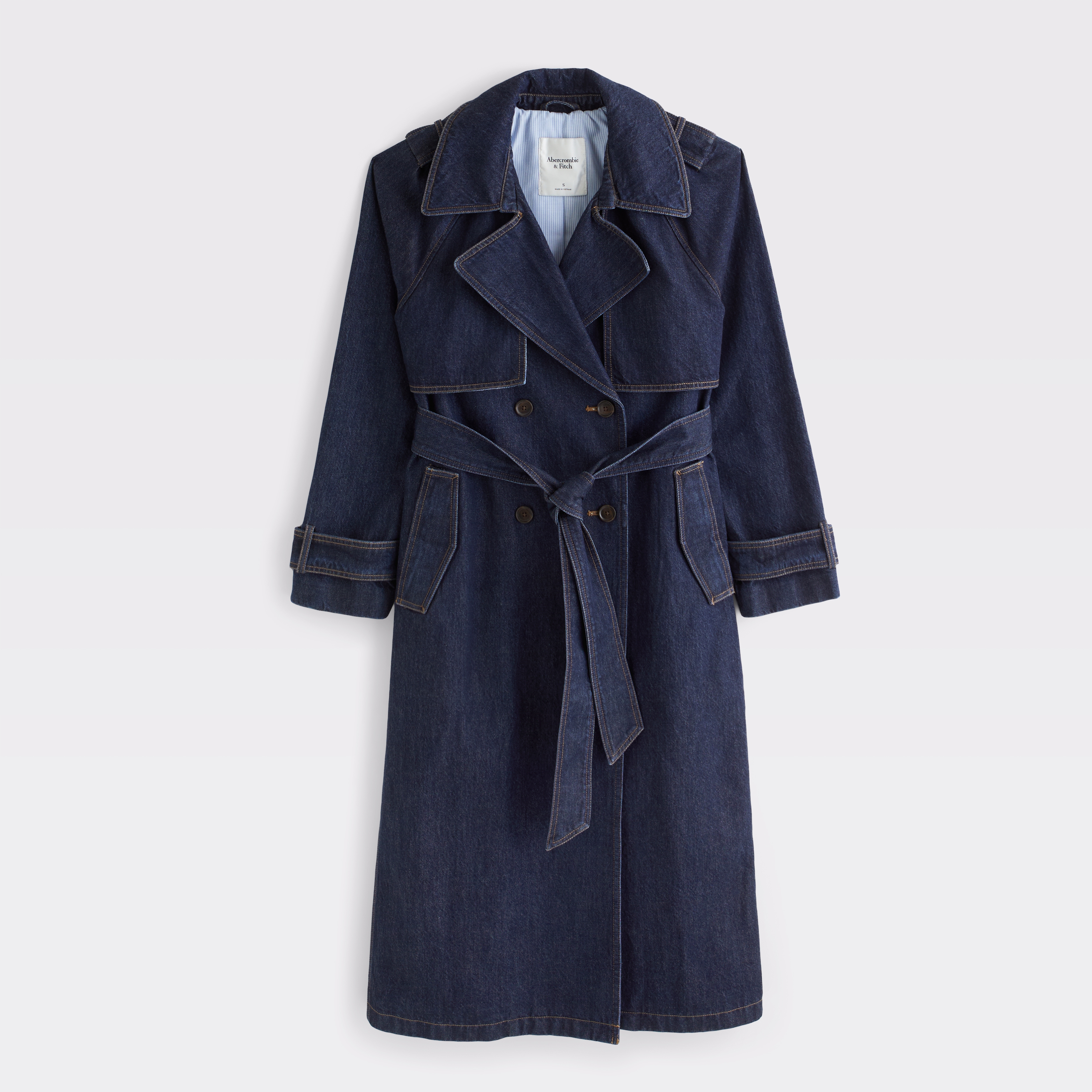 Женское пальто Abercrombie & Fitch A&F Carrie Long Denim Trench, цвет: Тёмная варка — фото 1