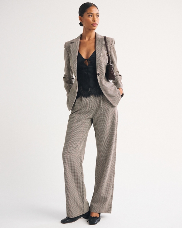 Nipped-Waist Suiting Blazer, Brown Houndstooth view 2