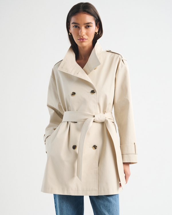 100% Cotton Mock Neck Belted Mid-Length Trench Coat, Light Brown view 1