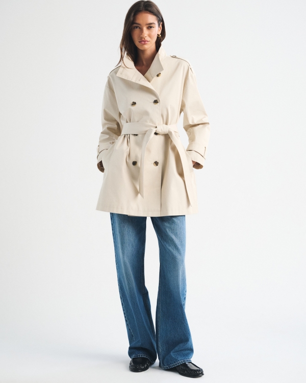 100% Cotton Mock Neck Belted Mid-Length Trench Coat, Light Brown view 2