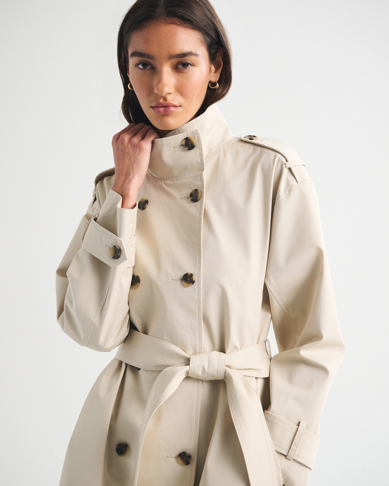 100% Cotton Mock Neck Belted Mid-Length Trench Coat - thumbnail 3