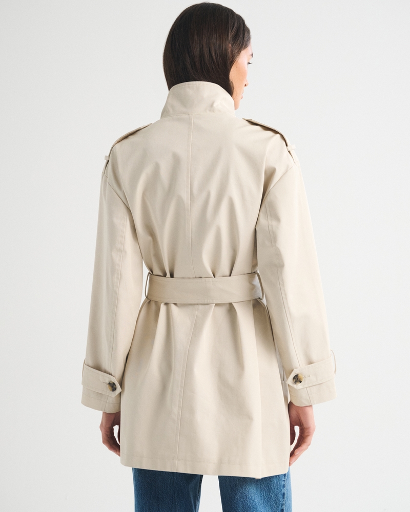 100% Cotton Mock Neck Belted Mid-Length Trench Coat - thumbnail 4