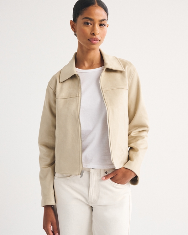 Relaxed Vegan Suede Zip Jacket, Light Brown view 1