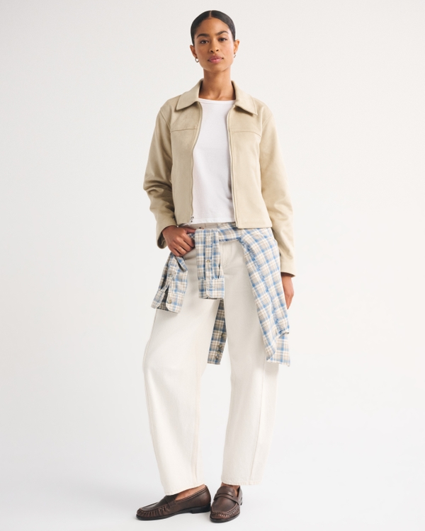 Relaxed Vegan Suede Zip Jacket, Light Brown view 2