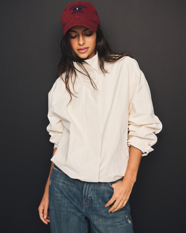 Mock Neck Bubble Hem Jacket, Cream view 1