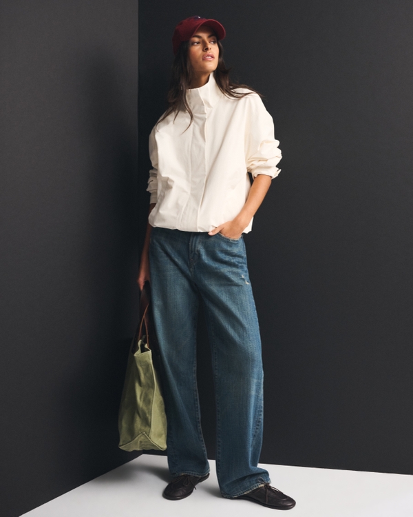 Mock Neck Bubble Hem Jacket, Cream view 2
