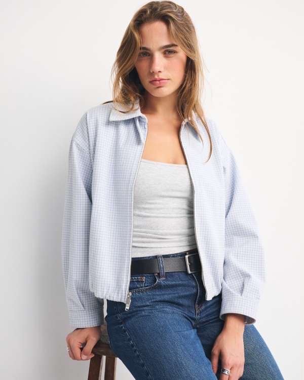 100% Cotton Twill Collared Jacket, Light Blue Plaid view 1