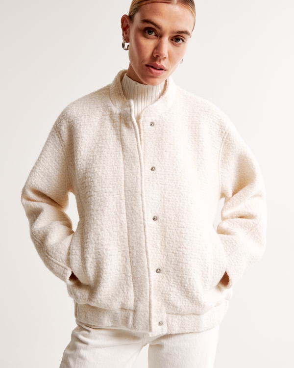 Wool-Blend Bomber Jacket, Cream